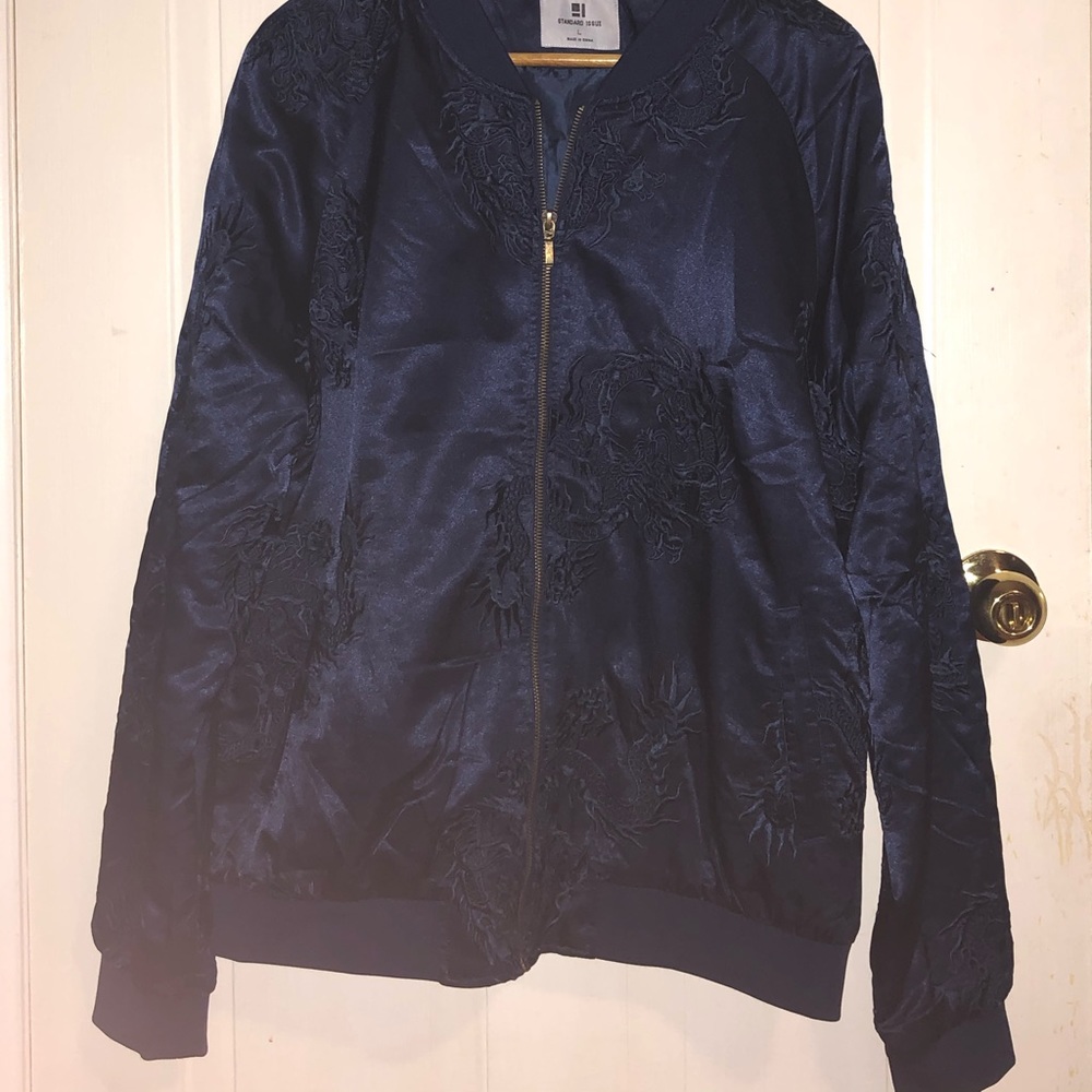 Navy blue long sleeve bomber with dragon detail
